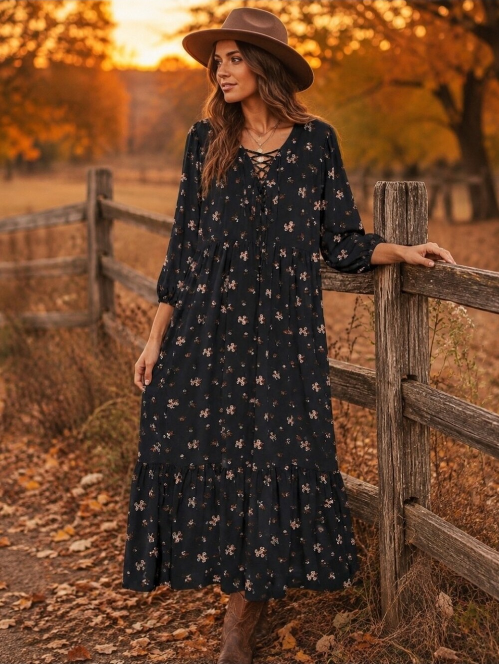 Lush Black Floral Tiered Cottagecore Maxi Dress with Tie Neckline Size Large